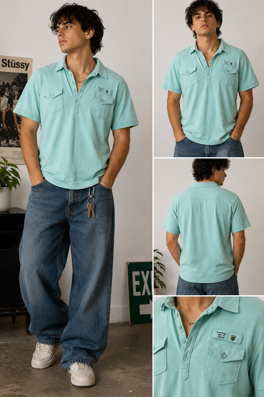 Diesel Only The Brave Mint Green Polo Shirt XXXL Y2K Utility Pocket Cotton Top